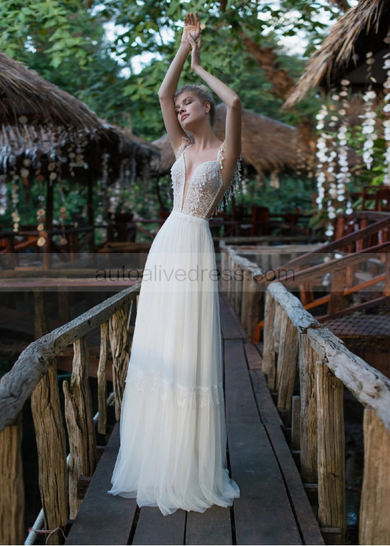 V Neck Ivory Lace Tulle Bohemian Wedding Dress